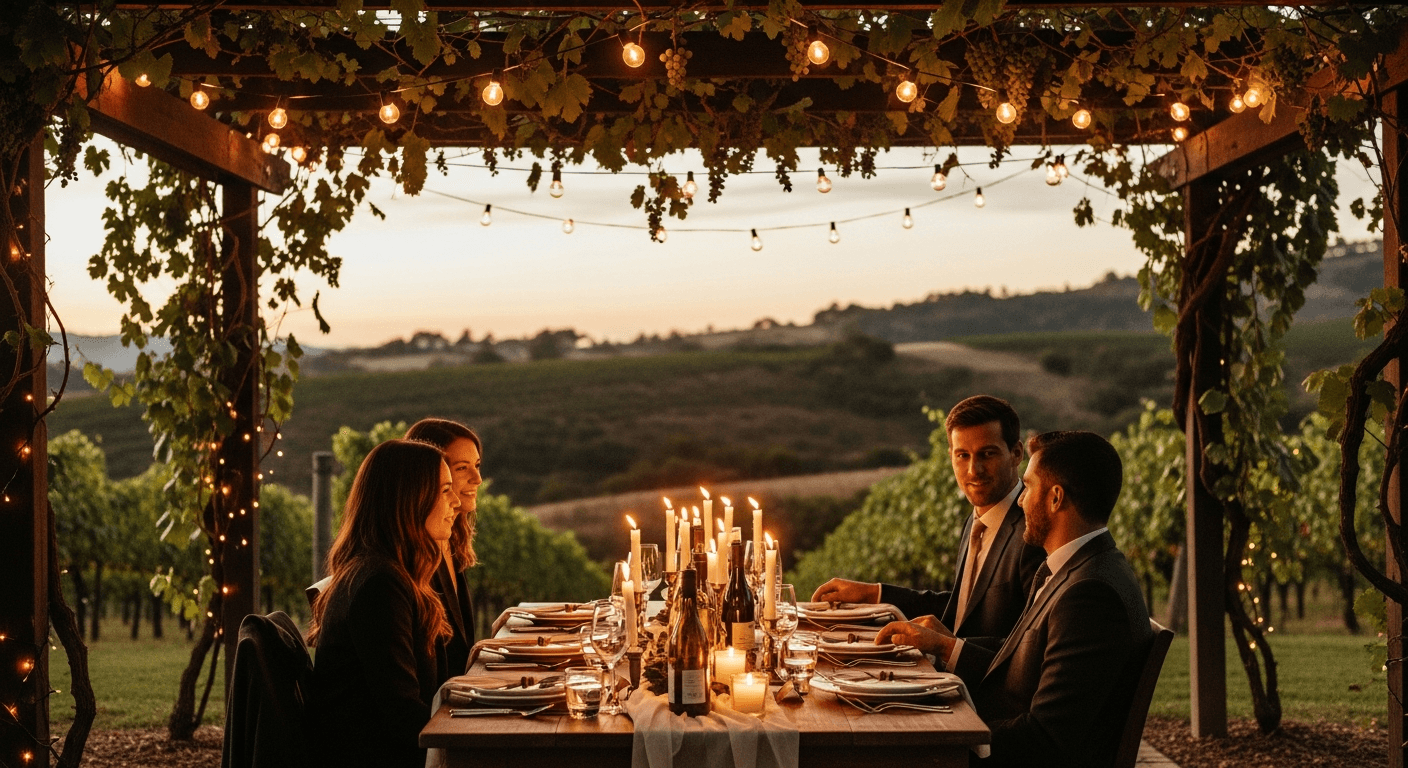 Couples enjoying an intimate outdoor dinner at a vineyard at dusk