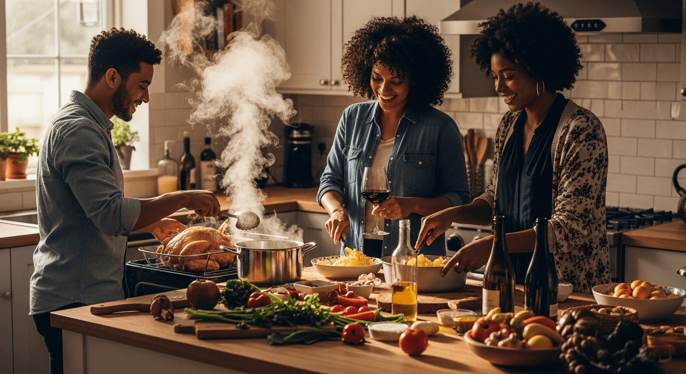 Friends cooking together in a warm kitchen for a Friendsgiving dinner