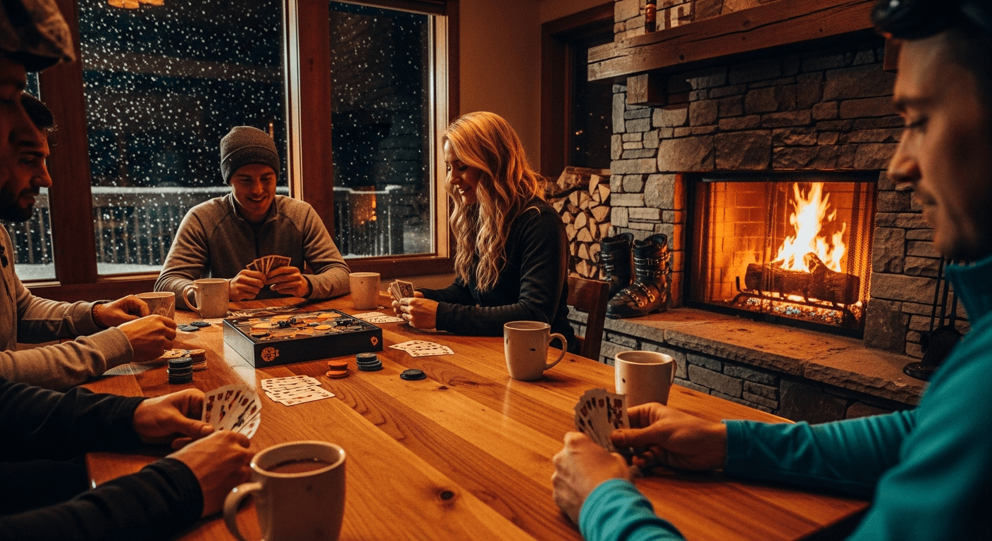 Friends gathered around a table in a cozy ski lodge by the fireplace