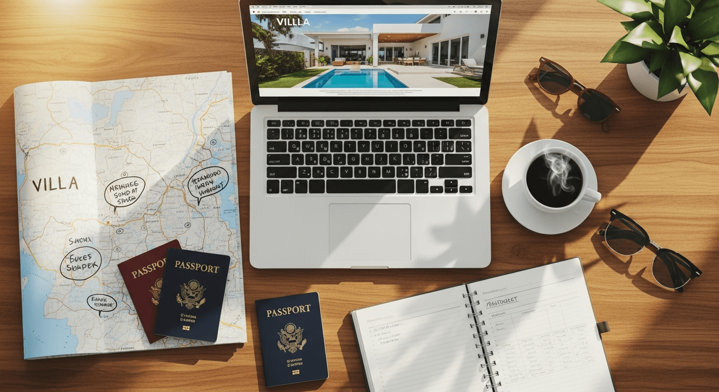 Planning a group vacation with a laptop, map, and budget notes on a table